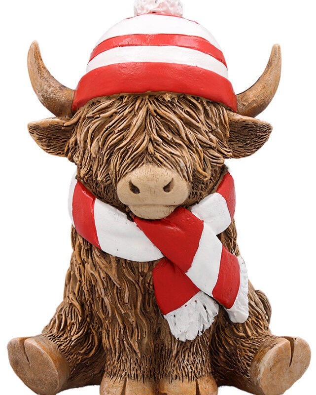 Highland Cow With Stripped Scarf & Hat