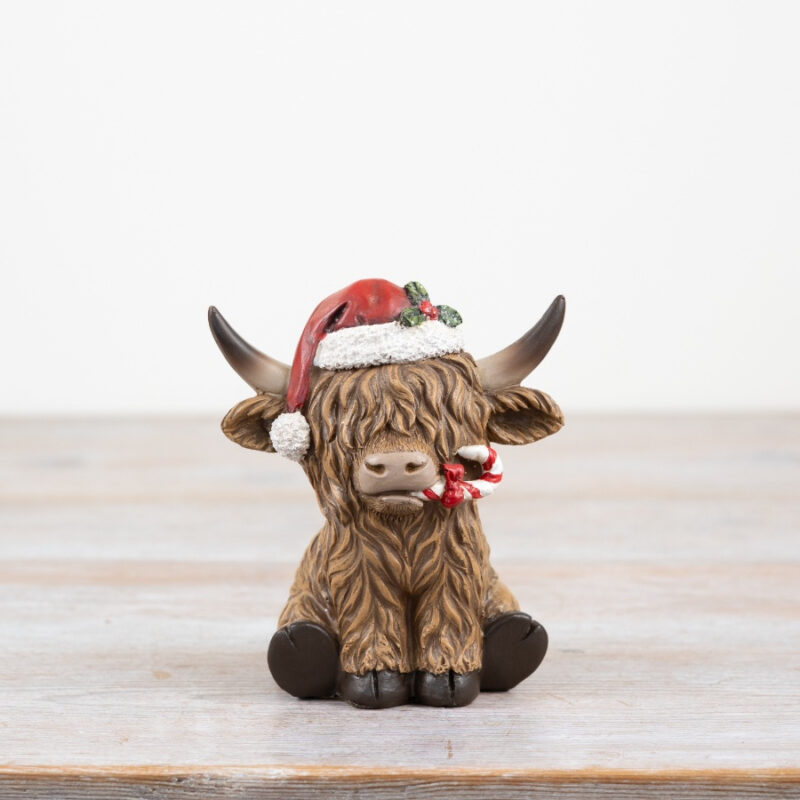 Festive Resin Highland Cow With Candy Cane