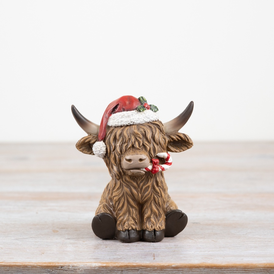 Festive Resin Highland Cow With Candy Cane