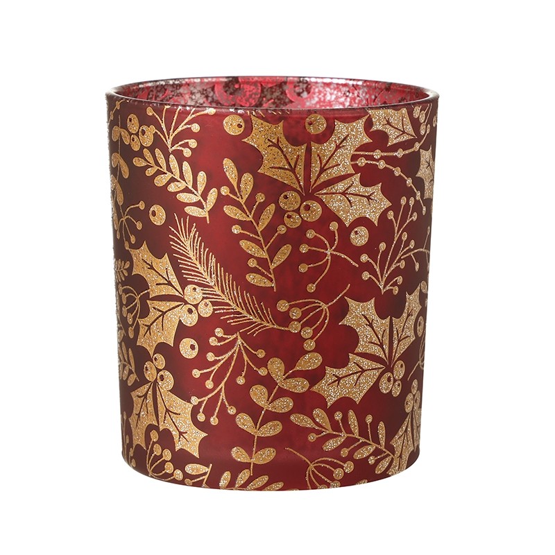 Red/Gold Glitter Holly Candle Holder LRG
