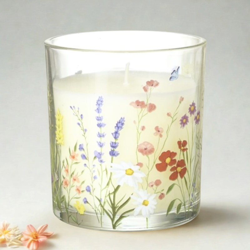 Candle In Floral Glass Holder