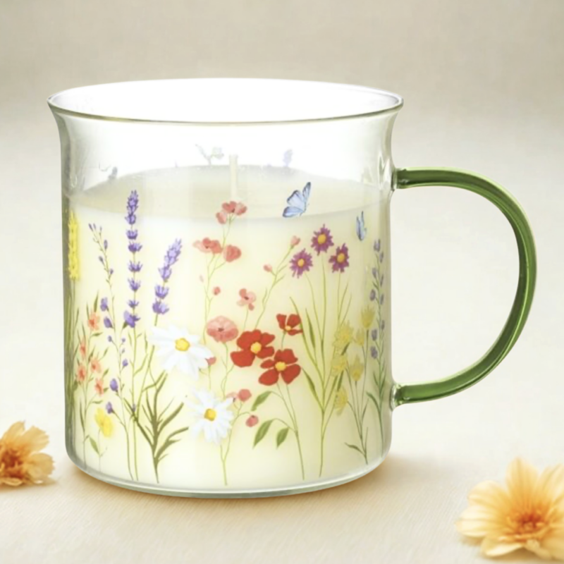 Candle In Floral Glass Mug