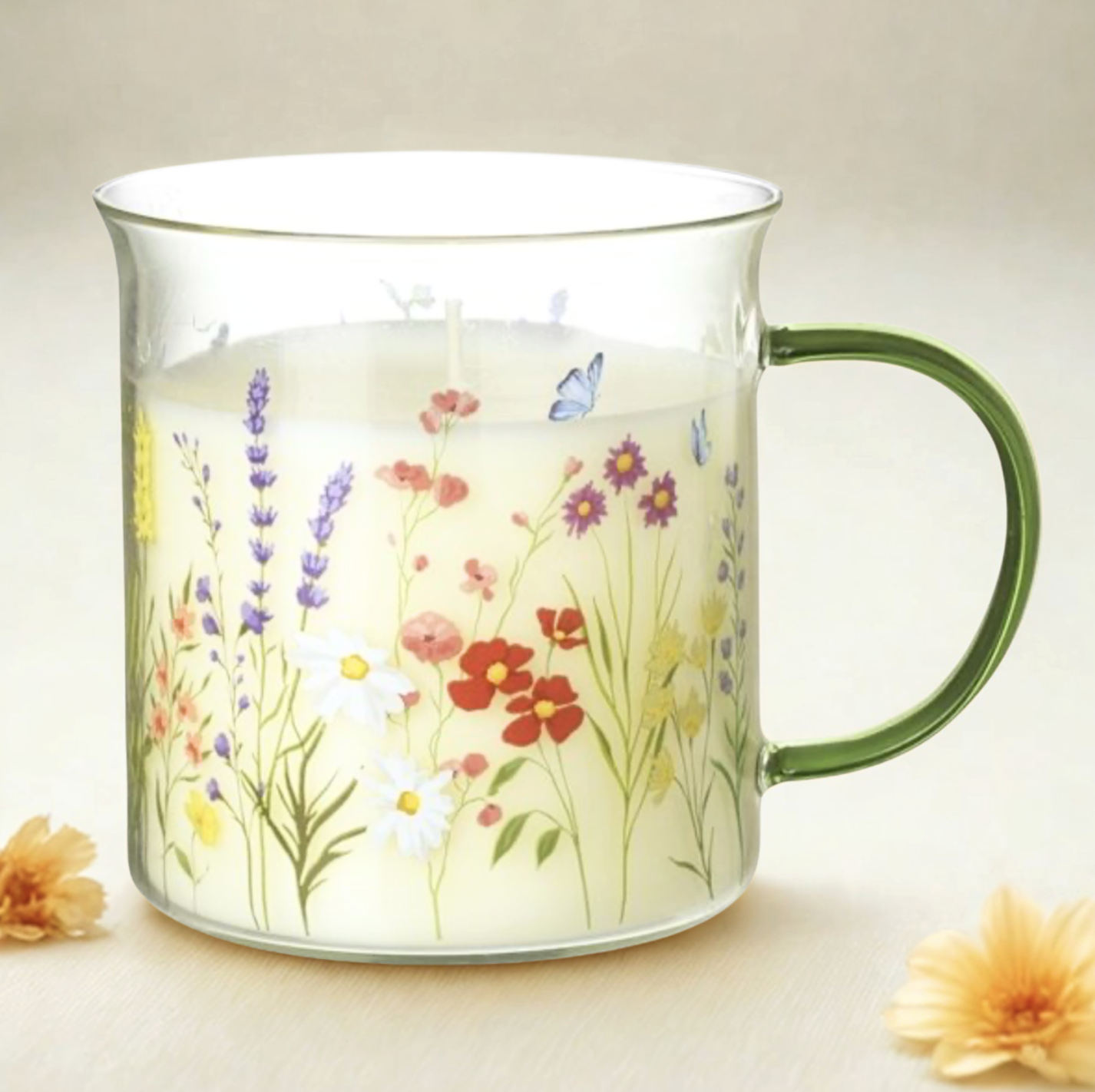 Candle In Floral Glass Mug